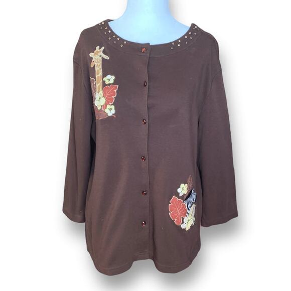 Vintage Breckenridge Cardigan Top Brown Fall Leaves Dark Floral Animal Print - Picture 2 of 12